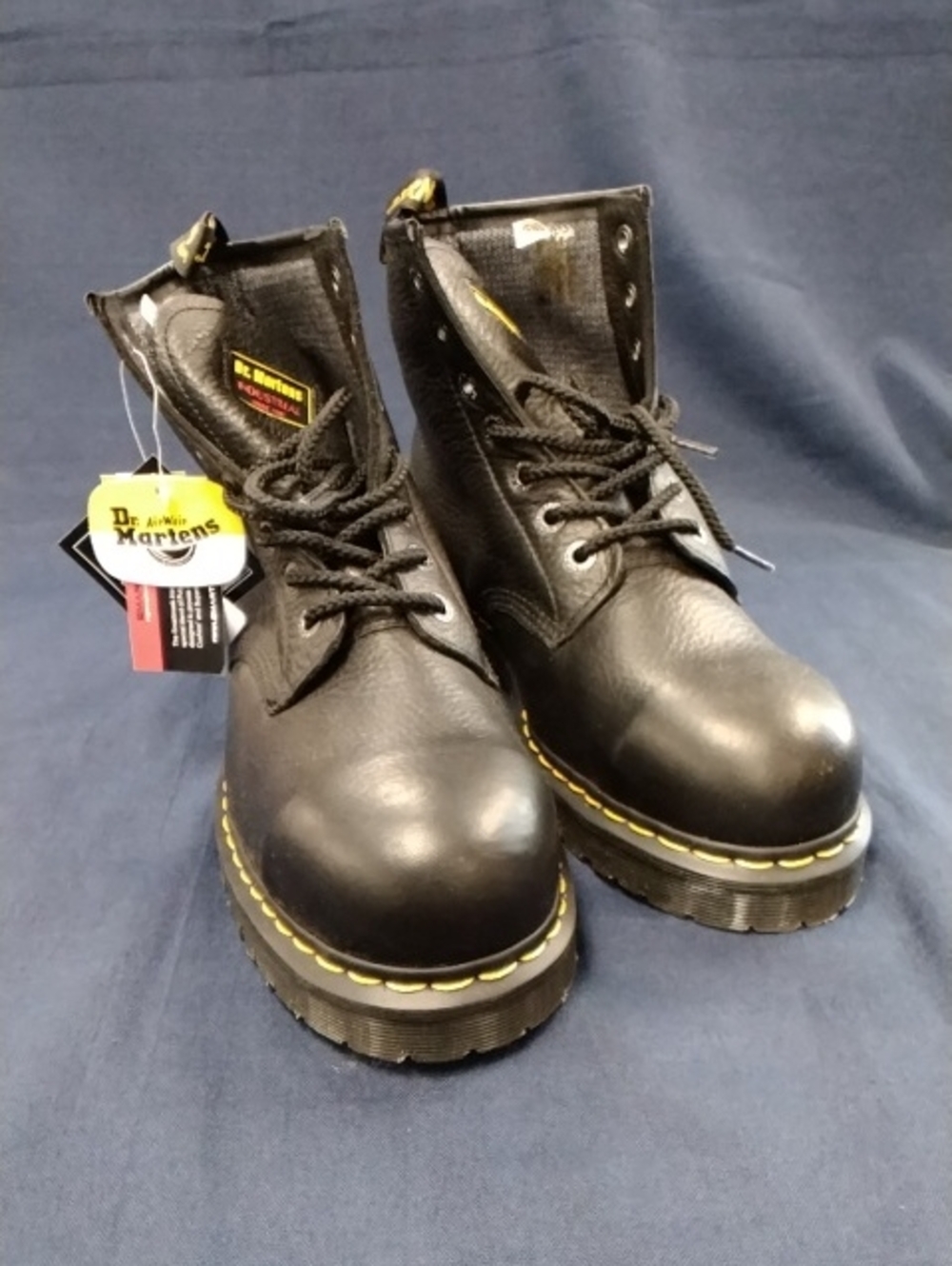 Dr. Martens Black Leather Platform Lace-Up Boots with Yellow Stitching Accents